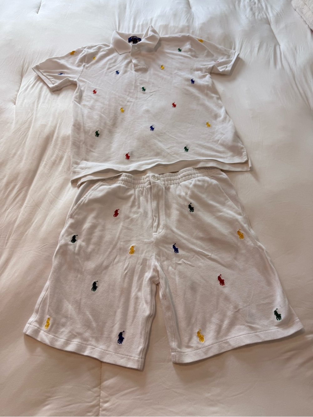 Ralph Lauren White Kids Polo & Short Set with Multicolor Pony Embroidery